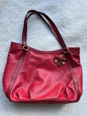 Niki Jodi Designer Red Genuine Textured Leather Shoulder Tote Bag with Bow Charm